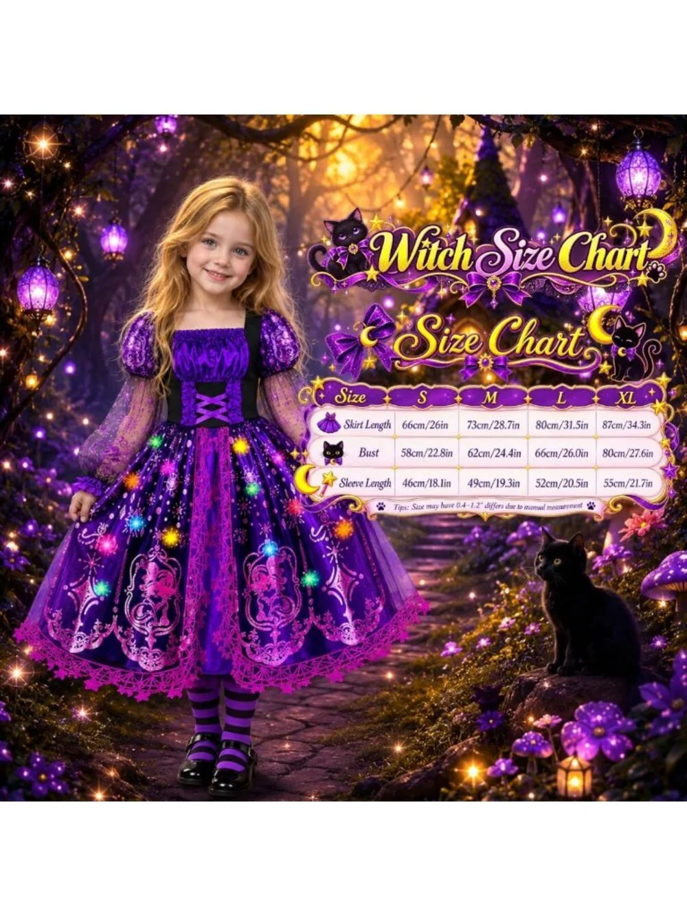 Light Up Witch Costume for Girls, Spooky Halloween Outfit for Kids 3-10